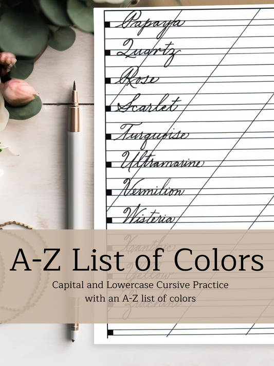 A-Z List of Colors | Traditional Cursive Practice Page