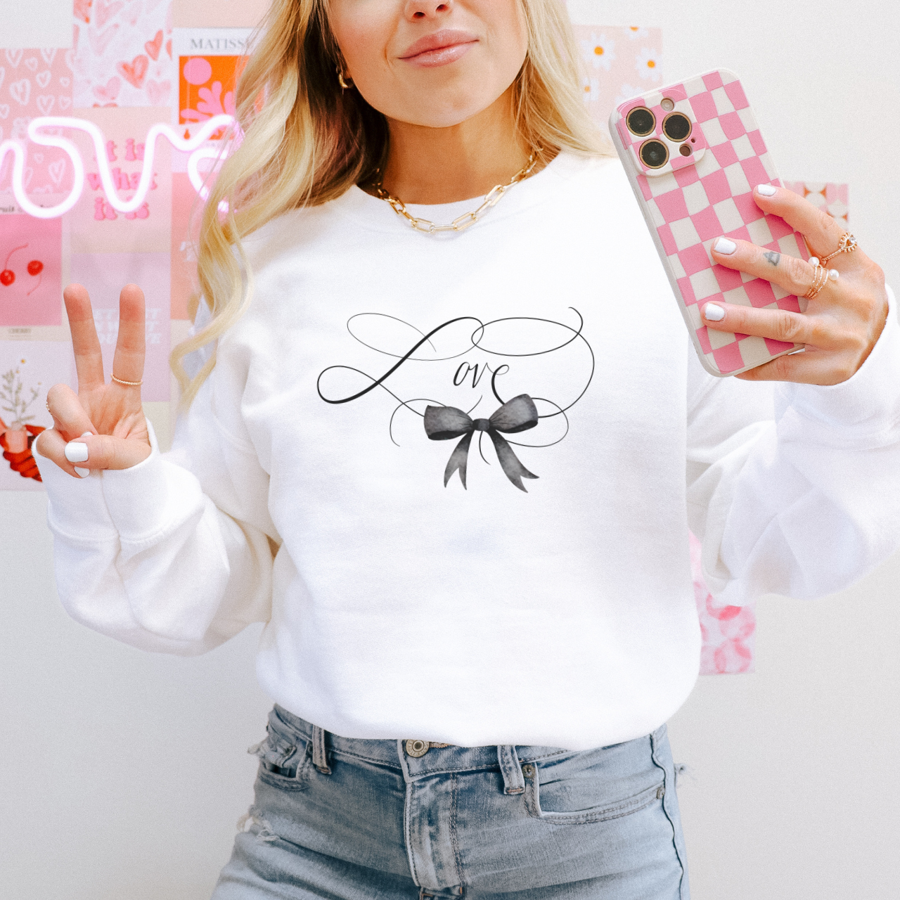 Coquette Valentine's Day Heart Bow Sweatshirt, Retro Valentine Shirt, Valentines day Bow Shirt, Coquette Bow T Shirt, Bow Valentine Gifts