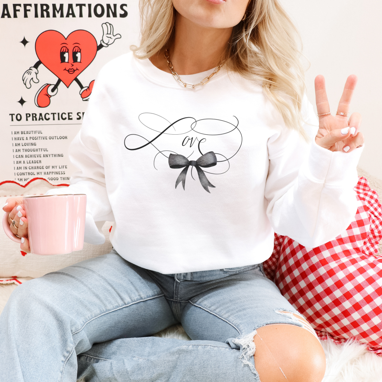 Coquette Valentine's Day Heart Bow Sweatshirt, Retro Valentine Shirt, Valentines day Bow Shirt, Coquette Bow T Shirt, Bow Valentine Gifts