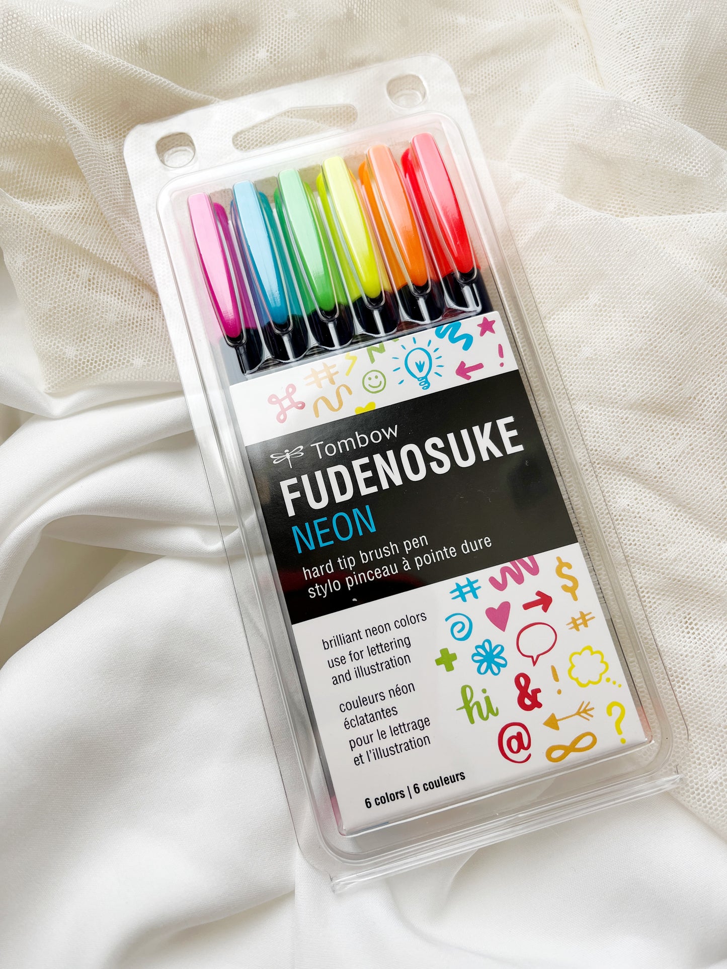 Fudenosuke Neon Colors 6 Pack Hard Tip
