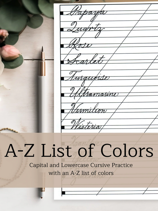 New Practice Resource: A-Z List of Colors Traditional Cursive Practice Page