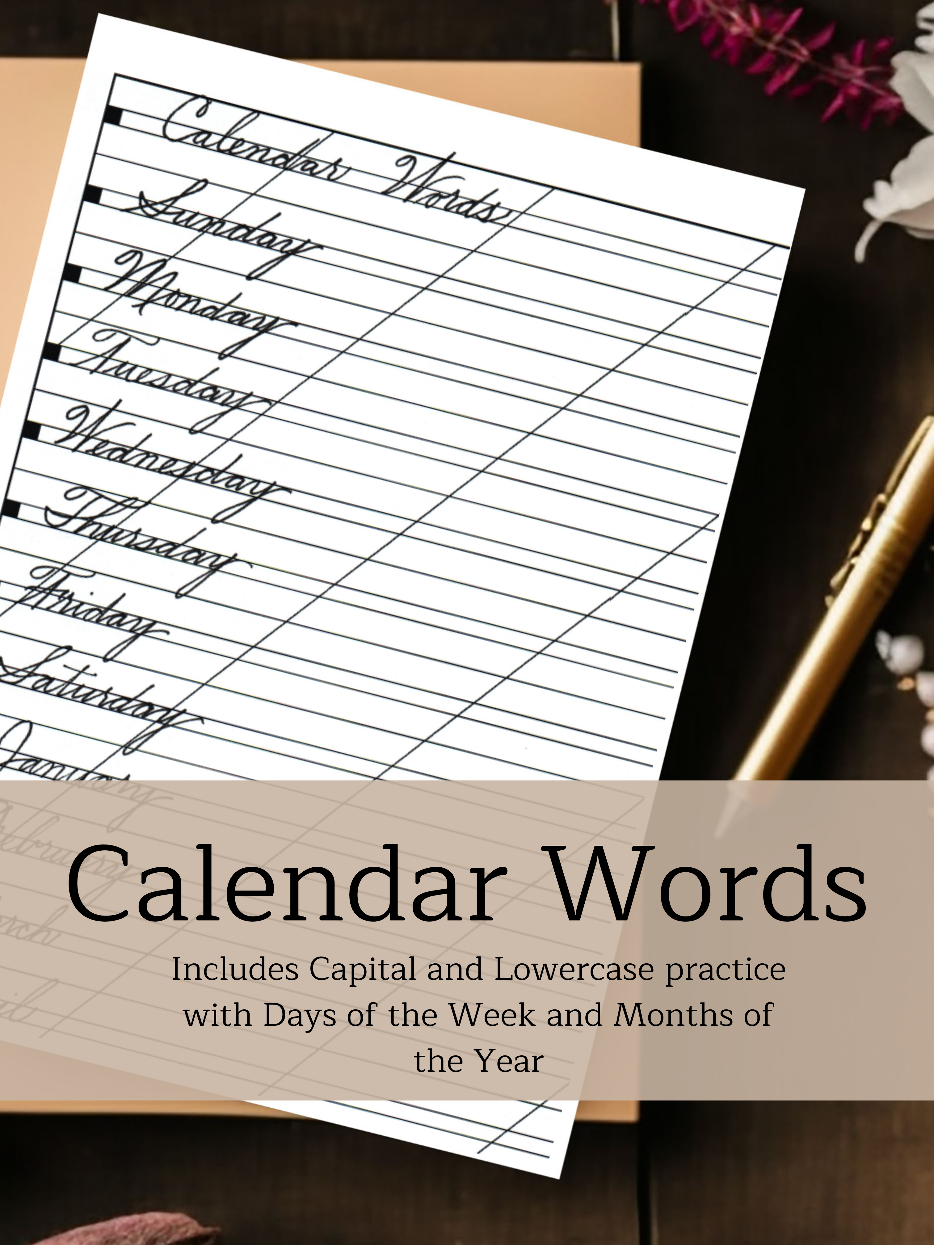 Scrolling Cursive Date Calendar Words | Traditional Cursive Practice Page – Simply Lettered Shop