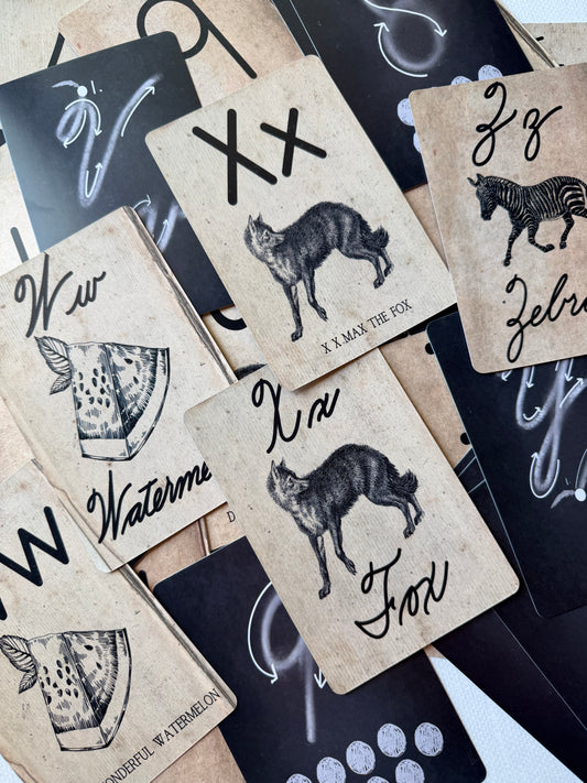 Print and Cursive Flash Cards | Vintage Themed Alphabet and Number Handwriting Cards